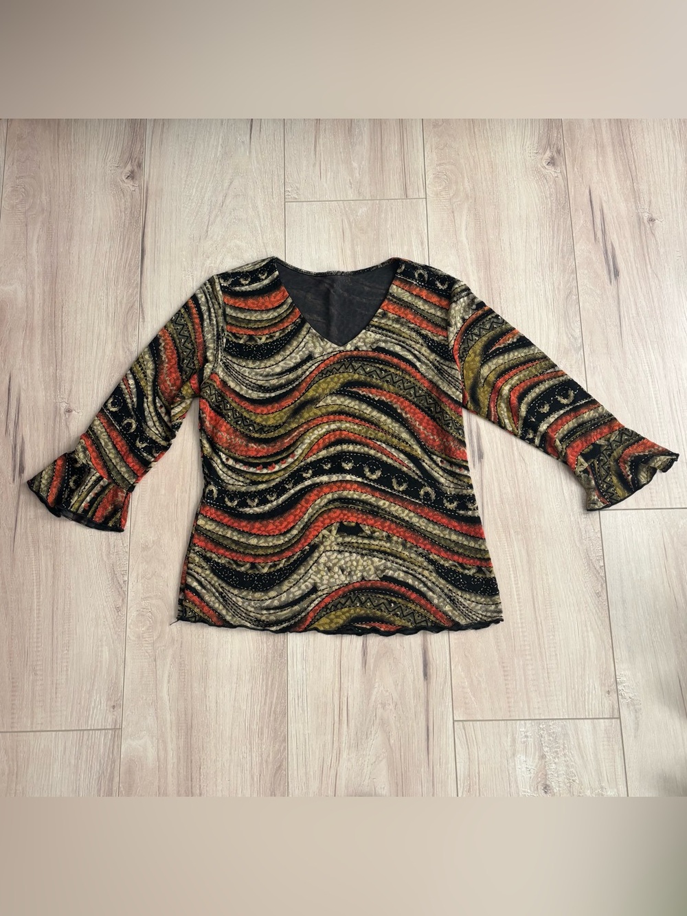 Abstract Top in Black, Rust & Olive